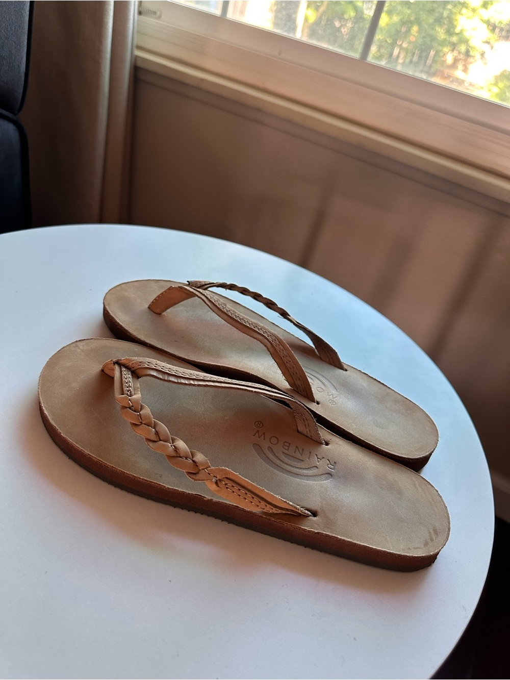 Rainbow Tan Braided Leather Flip Sandals